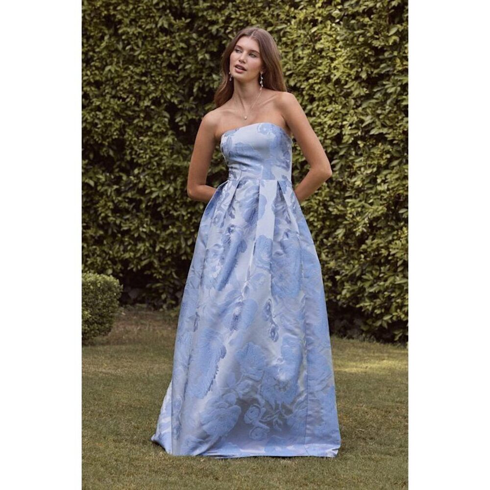 Lulus Laurelin Slate Blue Floral Jacquard Pleated Strapless Maxi Dress - Size S